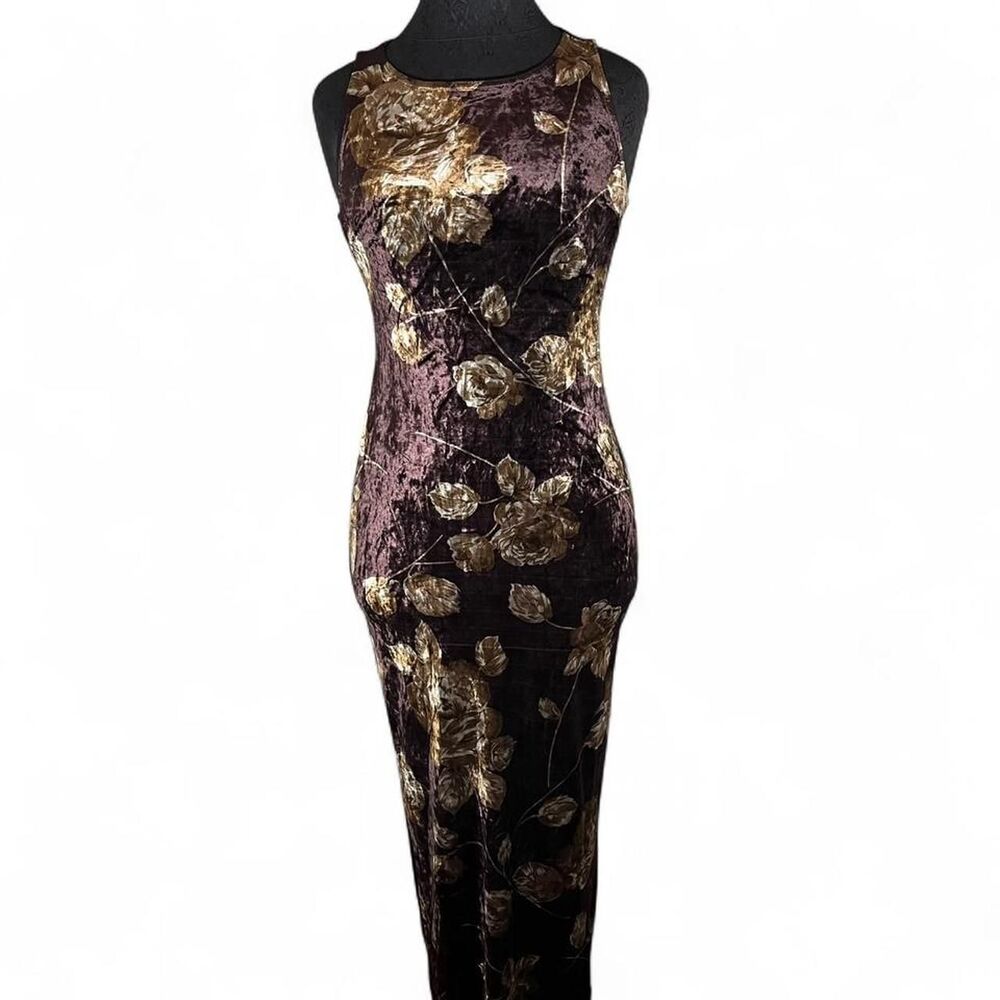 Vtg Rampage Floral Brown Maxi Dress Fairy Boho Whimsygoth Gold Size M Bodycon